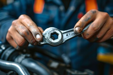 Sticker - Mechanic replacing car parts, Close view of oily hands holding wrench, mechanical parts in background. Vivid portrayal of manual labor, expertise in automotive repair.