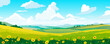 © LoveSan - Beautiful landscape vector illustration of flowering fields and meadows against a background of mountains and forests. Stunning panoramic farm landscape of summer fields. Natural landscape.