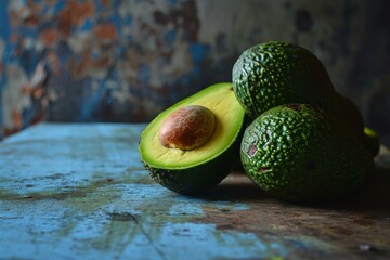 Wall Mural - Ripe avocados with one cut open, showcasing the seed, arranged on a vintage wooden surface