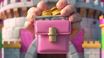 Aufkleber - Human hand taking out paper money from wallet. Concept of income, exchange, payment, economy with hand holding purse filled with paper dollar bills, 3D illustration.