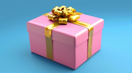 Wall Mural - Gift box with golden ribbons. Isolated pink package on background. Holiday present, birthday, wedding, Christmas, Realistic illustration.