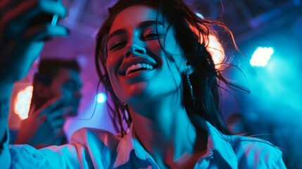 Poster - A woman watches a social media video streaming service on her smartphone. A fun guy is dancing in the background.