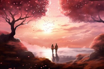 Poster - Couple enjoys a serene walk by a lake amidst trees with red leaves under a majestic sunset sky