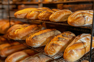 A tantalizing display of freshly baked artisan bread loaves cooling on a wire rack, emitting an irresistible aroma and showcasing the crusty texture and golden-brown hues.