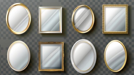 Poster - Different mirrors isolated on transparent background. Modern illustration of square, round, rectangular reflection glass mockups in golden, silver frames. Interior design element.