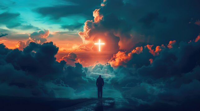Young man praying to God in front of majestic clouds with a glowing cross.