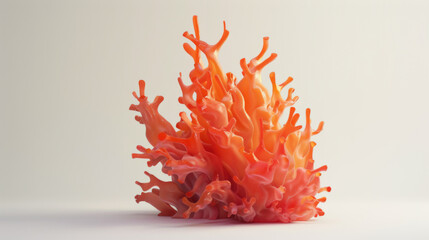 A complex, coral-like abstract sculpture in various shades of red, presenting an organic form on a white backdrop.