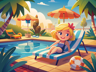 Wall Mural - Cute blonde little kid girl enjoy having fun relaxing. Child chilling outdoor on sunny day. Happy time in aqua park
