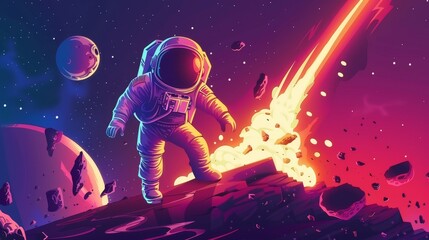 An astronaut explores a planet in space cartoon fantasy modern background. A falling meteorite in outer space. At night, a cosmonaut character wears a space suit and helmet.
