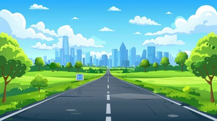 Canvas Print - Nature landscape with road, city on horizon, trees, clouds in sky. Summer scene with empty highway, green fields, road sign, town buildings, modern cartoon illustration.