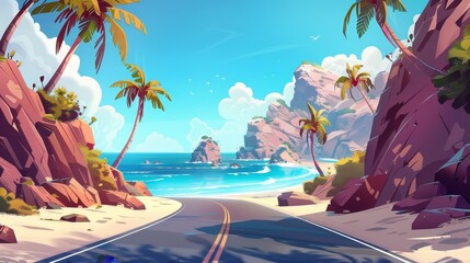 Wall Mural - Modern illustration of summer landscape of sea beach and car road, showing trip with empty highway to ocean coast with palm trees and rocks.