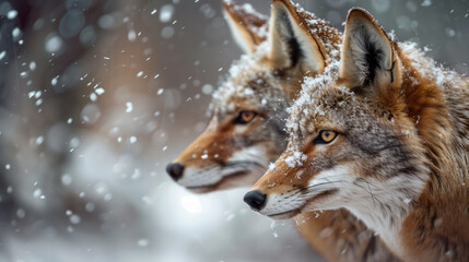  Close-up of two coyotes braving the snowstorm. Resilience is on display as they endure harsh conditions.
