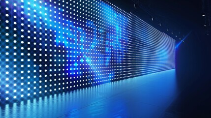 Poster - Realistic LED display on stage. Modern illustration of large LCD grid with blue and white dots. Concert hall background. Modern theater show.