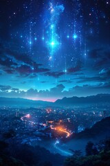 Wall Mural - A city lights are shining down on a valley below, AI