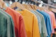 plain tshirts of different colors hanging on rack clothing store interior