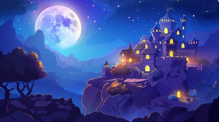 Poster - A medieval castle against a mountainous landscape at night. Cartoon illustrated illustration of a fairytale kingdom with golden windows and a glowing full moon in a starry sky in a nighttime setting.