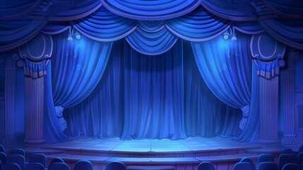 Poster - An opera curtain with a round spotlight on stage. Realistic modern background for a movie ceremony or opera performance. Cinema or announcement concept with a waved fabric with light.
