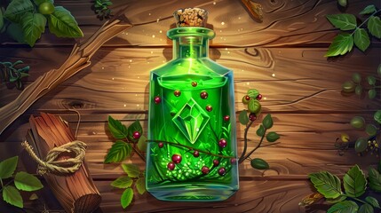 Wall Mural - Magic green glowing potion or medicine bottles with diamond corks, berries, and a branch of herm on a wooden table. Cartoon illustration with game assets.