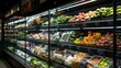 © Paul - Close-up view of a supermarket showcase, highlighting a well-organized selection of fresh produce and packaged goods, perfectly lit for advertising