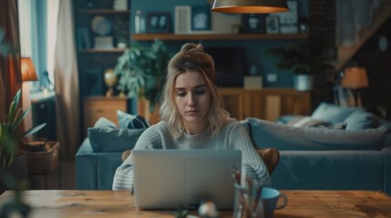 Poster - This image shows a woman working remotely, sitting behind a table in her stylish living room, using a laptop computer.