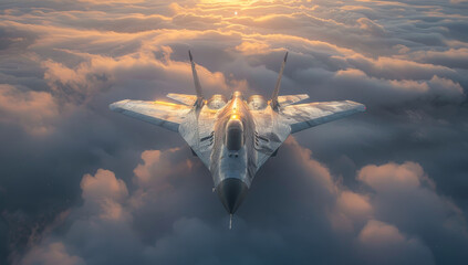 Canvas Print - Military fighter jet flies high in the sky above the clouds at sunset