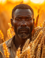 Wall Mural - Man holds bunch of wheat in his hands in the field