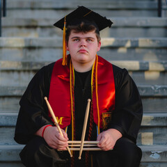 Wall Mural - Young man sits on the steps of college wearing graduation cap and gown and holding drumsticks.