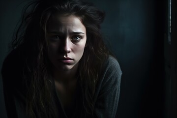 Wall Mural - A contemplative young woman sits in shadow, her expression one of deep thought or concern