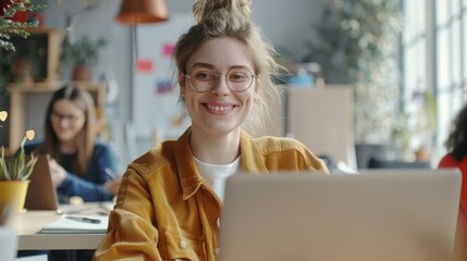 Poster - Happy Manager Interacting with Colleagues, Writing a Marketing Plan. Smiling white female working on a creative job position in an advertising company.