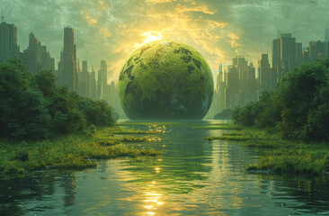 Wall Mural - Green planet: large green planet earth is in the city