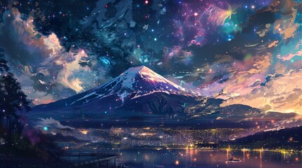 The majestic Mount Fuji under the starry night sky, with colorful nebulae and city lights in the background