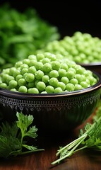 Wall Mural - Bowl with fresh green peas on color background