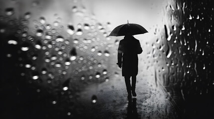a person is walking down a wet street with raindrops on the ground