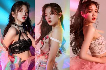 Wall Mural - different photos of beautiful kpop girls in different poses. Each photo features a different outfit and color theme with a full body shot and cute pose