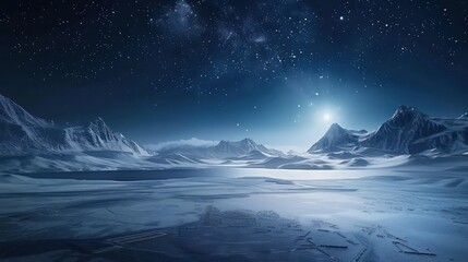 Wall Mural - wallpaper illustration of a endless frozen lake with snow capped mountains under a dark blue sky