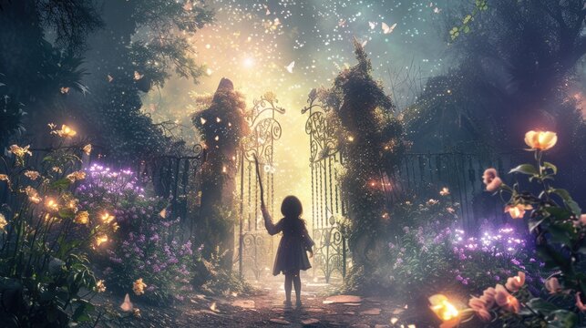 Happy children walking at magical door to enter garden decorated with glowing flower with fantasy cloth while holding wand. Young beautiful princess holding magical wand while going at forest. AIG42.