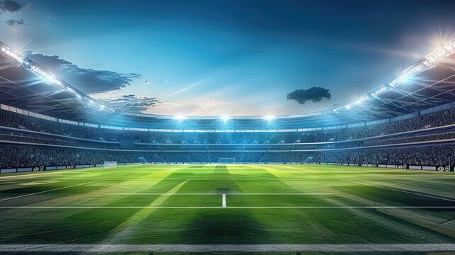 football, soccer stadium with spectators and spotlights on, field level