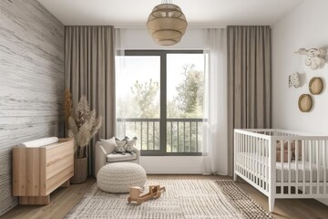 Wall Mural - stylish and classy scandinavian nursery design with baby bed furniture toys and minimalist decor aigenerated interior concept for a modern and cozy bedroom