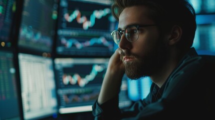 Poster - An attractive young stock exchange broker who is analyzing commodities and exchange market charts in front of a computer.