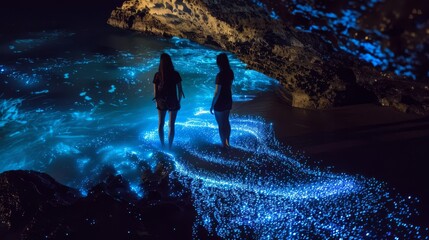 Wall Mural - Two women standing on a beach with a blue light show in the background