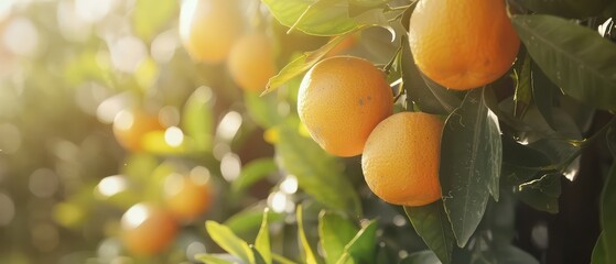 Canvas Print - ripe and fresh oranges hanging on branch, orange orchard