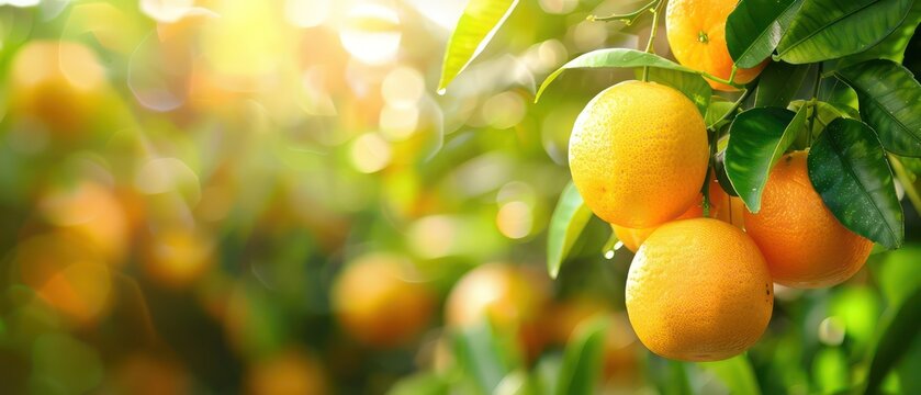 ripe and fresh oranges hanging on branch, orange orchard