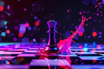 Wall Mural - vibrant neon splash with chess king piece on chessboard abstract 3d illustration