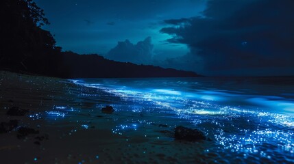 Wall Mural - A child stands on a beach at night, looking out at the ocean