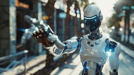 Poster - A humanoid robot uses AI to activate the Web 3.0 virtual interface. It works with internet information, cloud computing, neural big data, and machine learning technology automation.