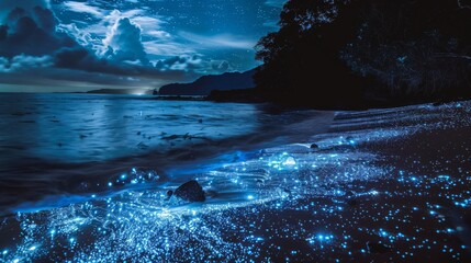 Wall Mural - A child stands on a beach at night, looking out at the ocean