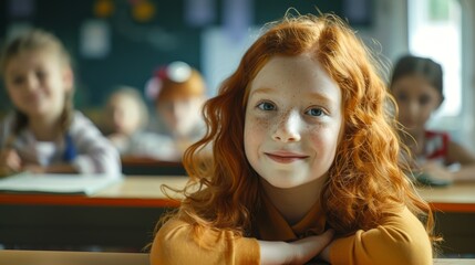 Poster - a cute girl with bright ginger hair sat behind the desk of an elementary school in a class, listenin