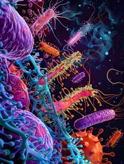 Poster - Intricate Diagram of Bacterial Antibiotic Resistance Mechanisms in Vibrant Hues