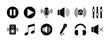 © Vilogsign - Audio button icon set. Containing music, sound, speaker volume, play, video, pause, equalizer, loudspeaker, mute, microphone, headset. Vector illustration