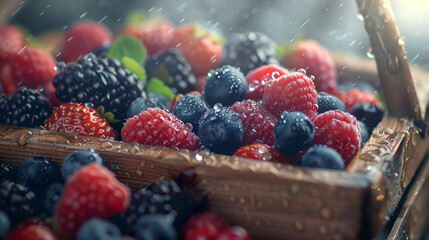 Wall Mural - A basket of berries with a few drops of water on them. 